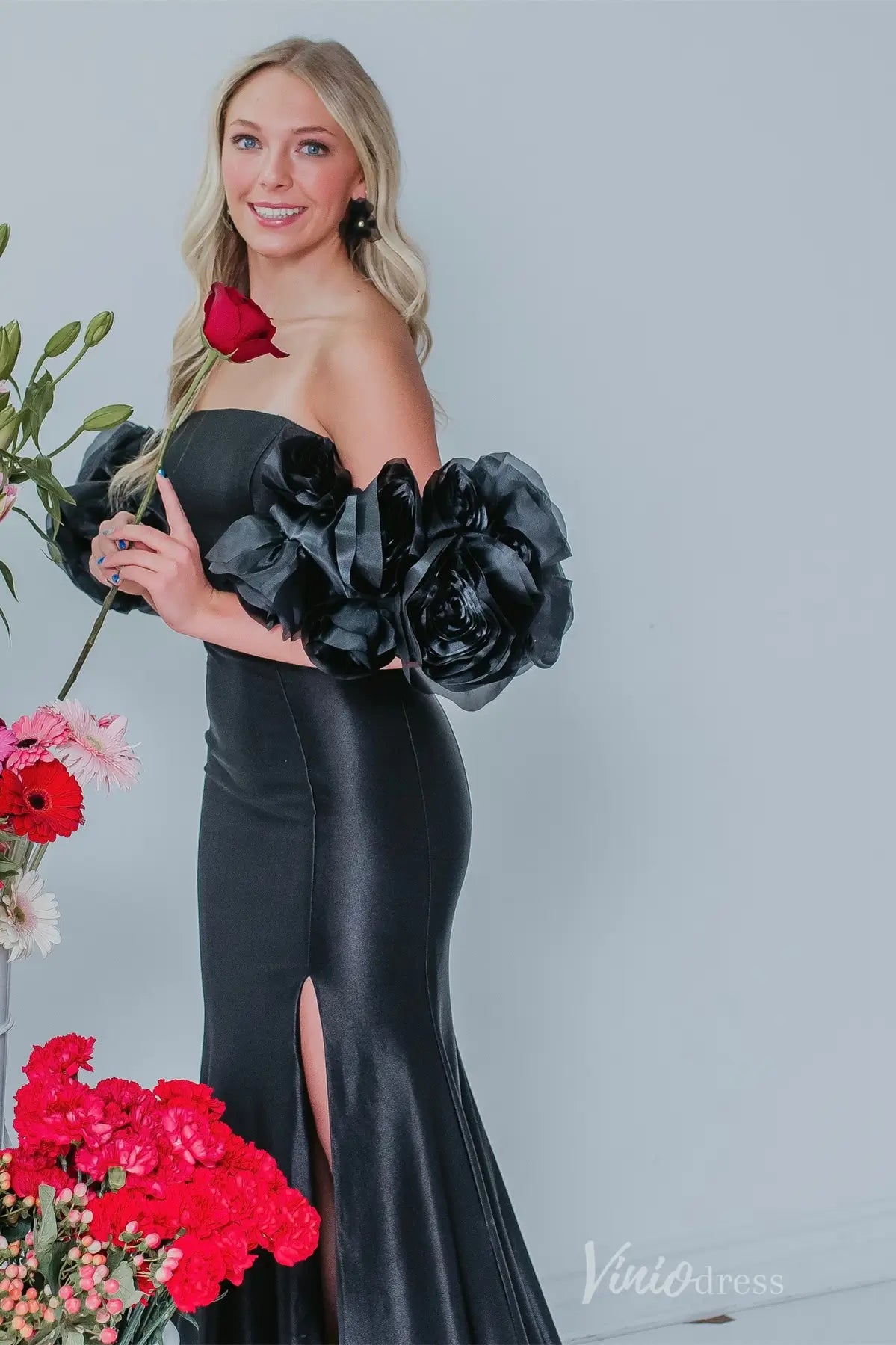 Black Off-Shoulder Satin Prom Dress with 3D Floral Sleeves and High Slit SS077 Viniodress Black Off-Shoulder Satin Prom Dress with 3D Floral Sleeves and High Slit SS077 Viniodress