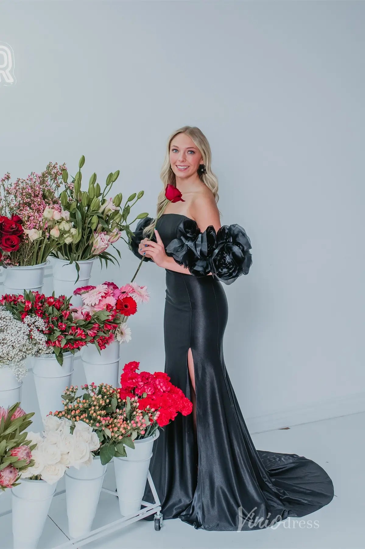Black Off-Shoulder Satin Prom Dress with 3D Floral Sleeves and High Slit   SS077  Viniodress