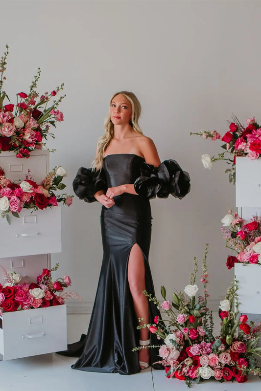 Black Satin Off-Shoulder Prom Dress with 3D Floral Sleeves, High Slit Skirt – SS077-prom dresses 2025 -Viniodress-Black-Custom Size-