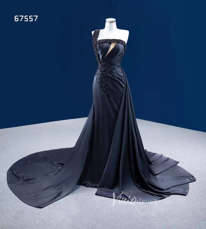 Black Satin Overskirt Wedding Dress One Shoulder Mermaid Pageant Dresses 67557-prom dresses 2025 -Viniodress-Black-Custom Size-