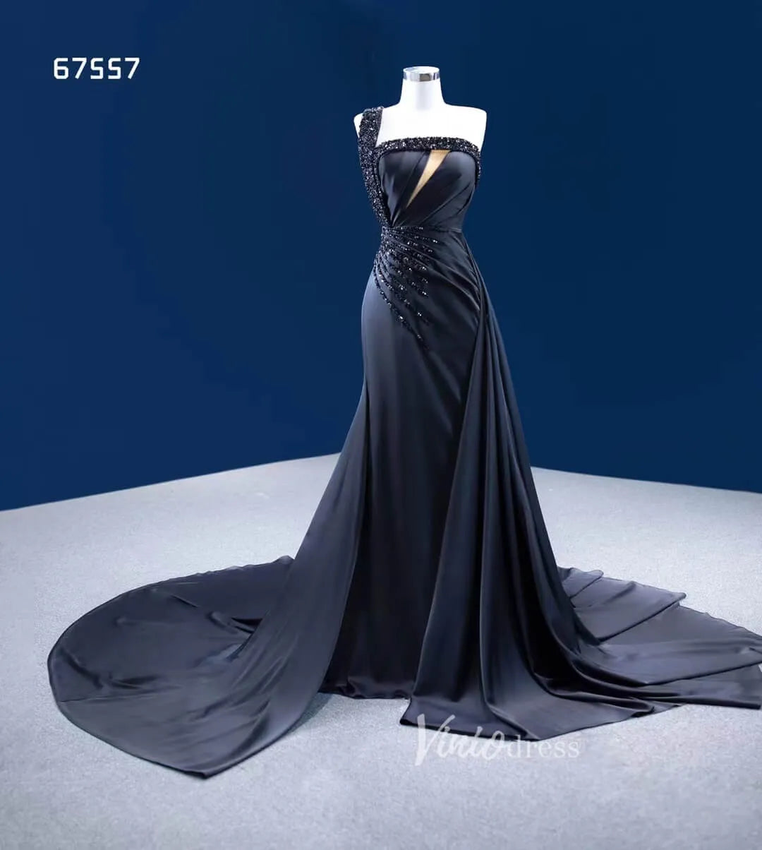 Black Satin Overskirt Wedding Dress One Shoulder Mermaid Pageant Dresses 67557-prom dresses 2025 -Viniodress-Black-Custom Size-