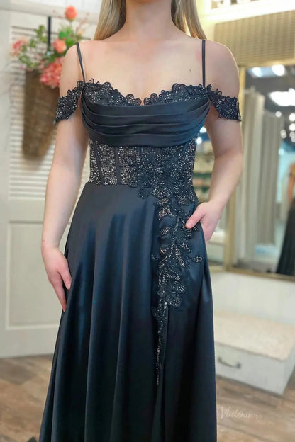 Black Satin Prom Dress 2025 with Slit, Spaghetti Strap, Pockets, Beaded Lace – FD5009-prom dresses 2025 -Viniodress-Black-Custom Size-