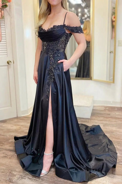 Black Satin Prom Dress 2025 with Slit, Spaghetti Strap, Pockets, Beaded Lace – FD5009-prom dresses 2025 -Viniodress-Black-Custom Size-