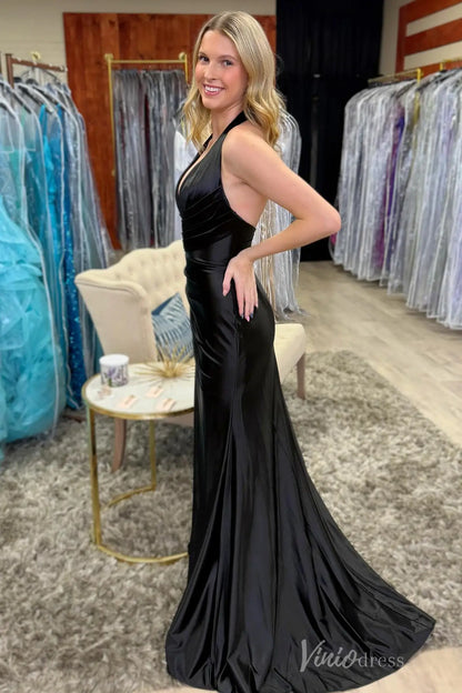 Black Satin Prom Dress with Plunging Halter Neckline, Ruched Bodice, and High Slit – SS083-prom dresses 2025 -Viniodress-Black-Custom Size-