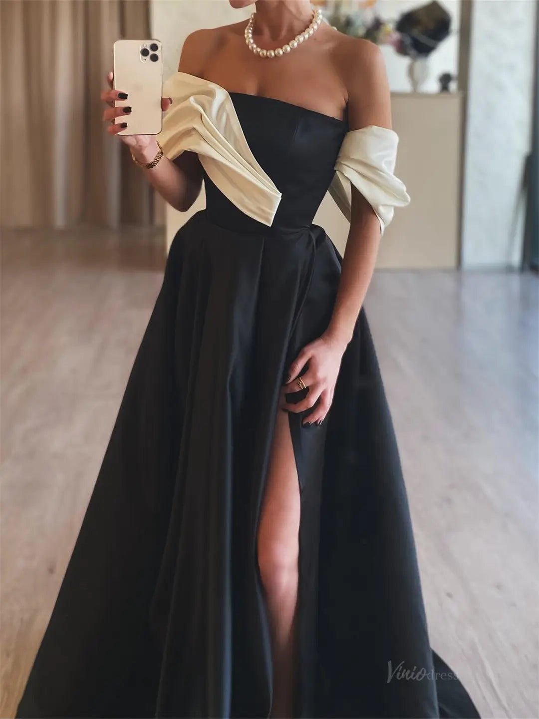 Black Satin Prom Dresses 2025 Off the Shoulder Formal Gown with High Slit FD5249-prom dresses 2025 -Viniodress-Black-Custom Size-