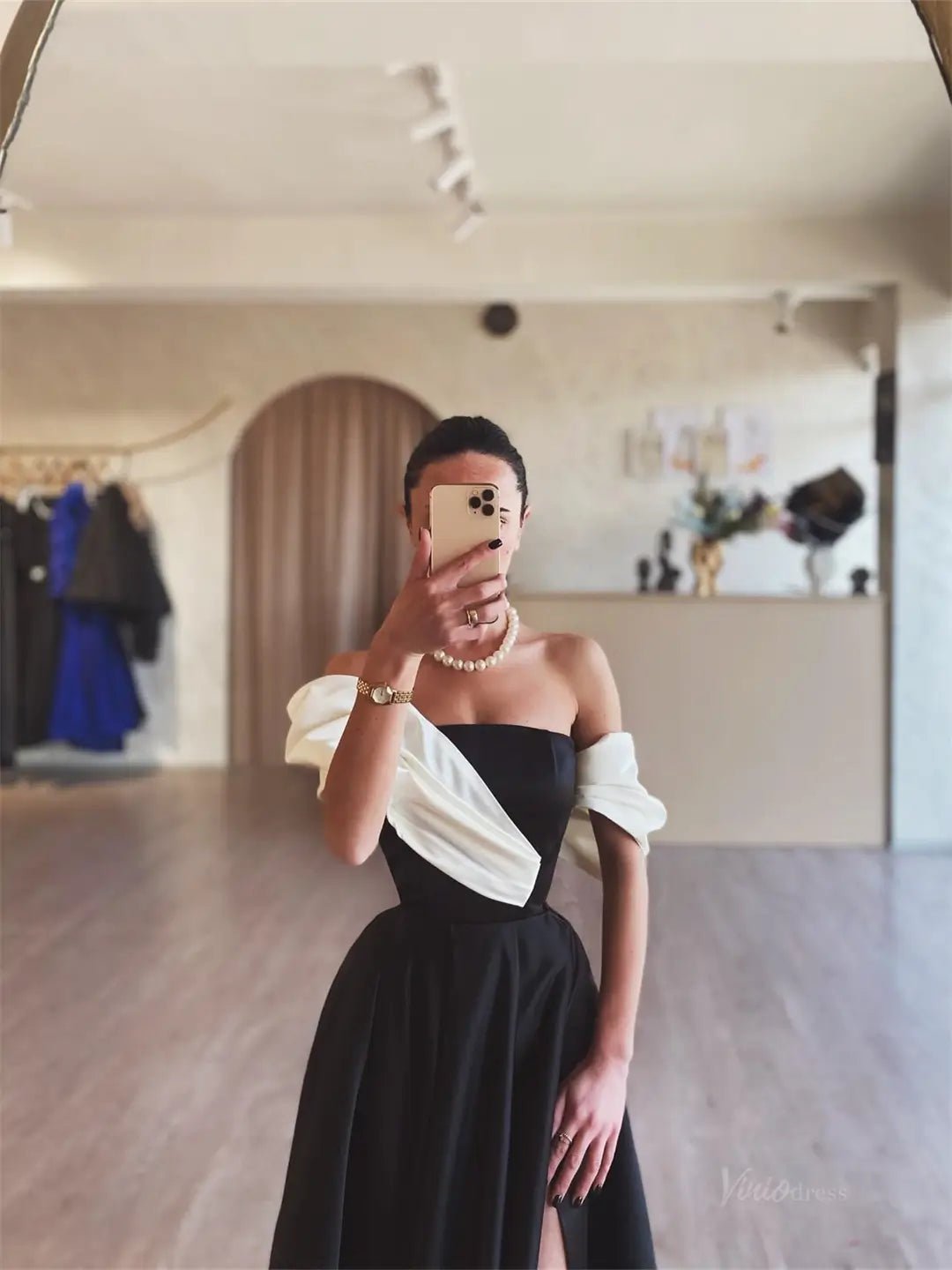 Black Satin Prom Dresses 2025 Off the Shoulder Formal Gown with High Slit FD5249-prom dresses 2025 -Viniodress-Black-Custom Size-