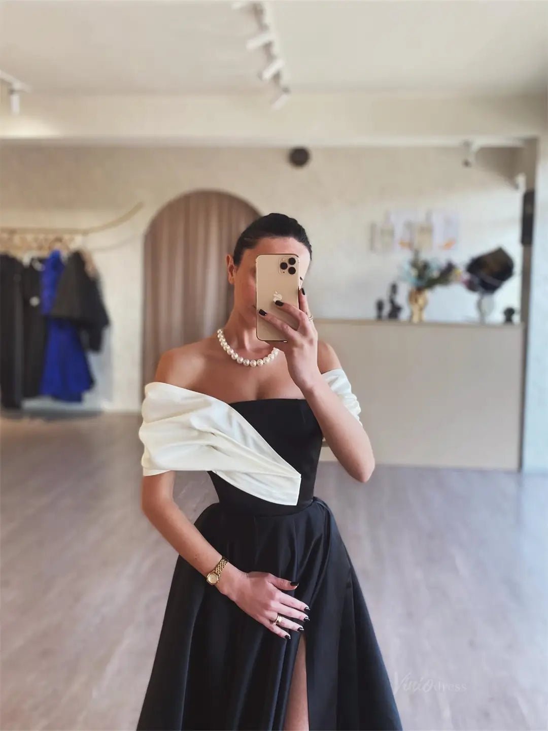 Black Satin Prom Dresses 2025 Off the Shoulder Formal Gown with High Slit FD5249-prom dresses 2025 -Viniodress-Black-Custom Size-
