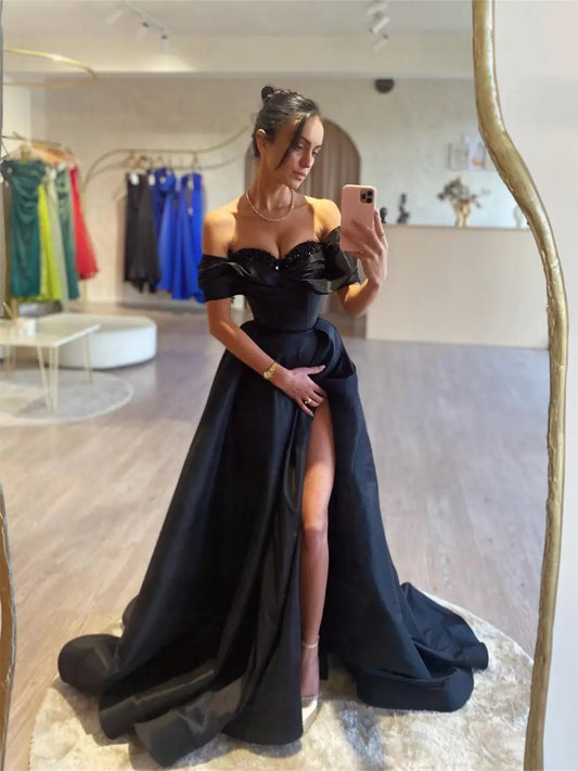 Black Satin Prom Dresses 2025 Off the Shoulder Formal Gown with High Slit FD5250-prom dresses 2025 -Viniodress-Black-Custom Size-