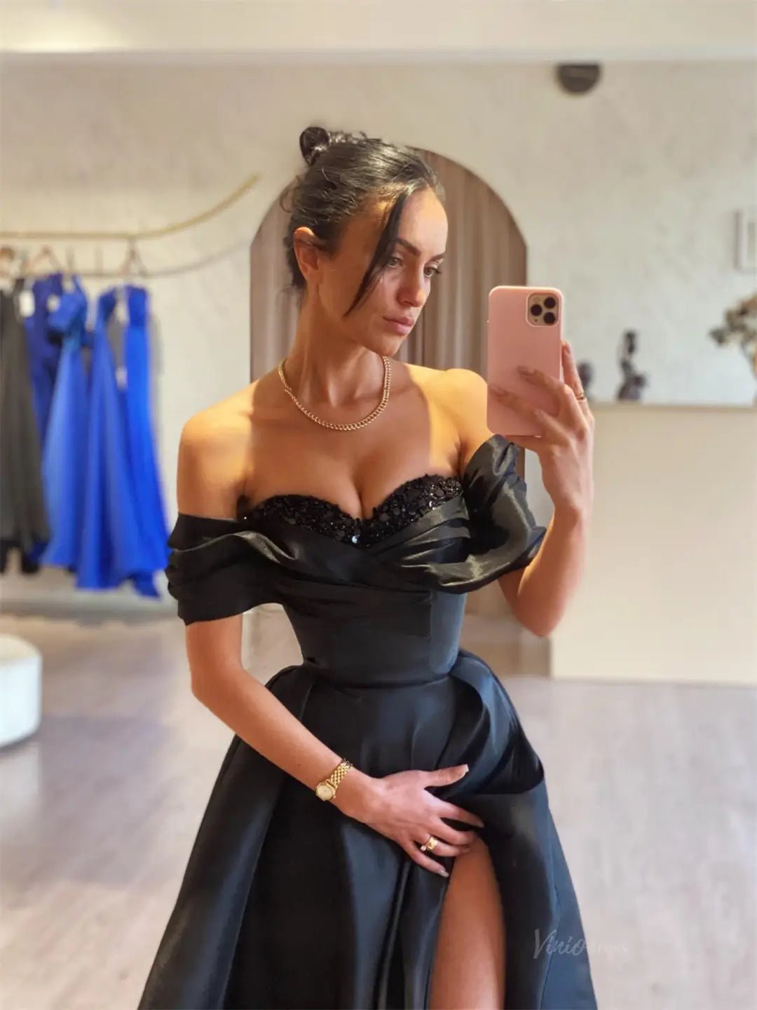 Black Satin Prom Dresses 2025 Off the Shoulder Formal Gown with High Slit FD5250-prom dresses 2025 -Viniodress-Black-Custom Size-