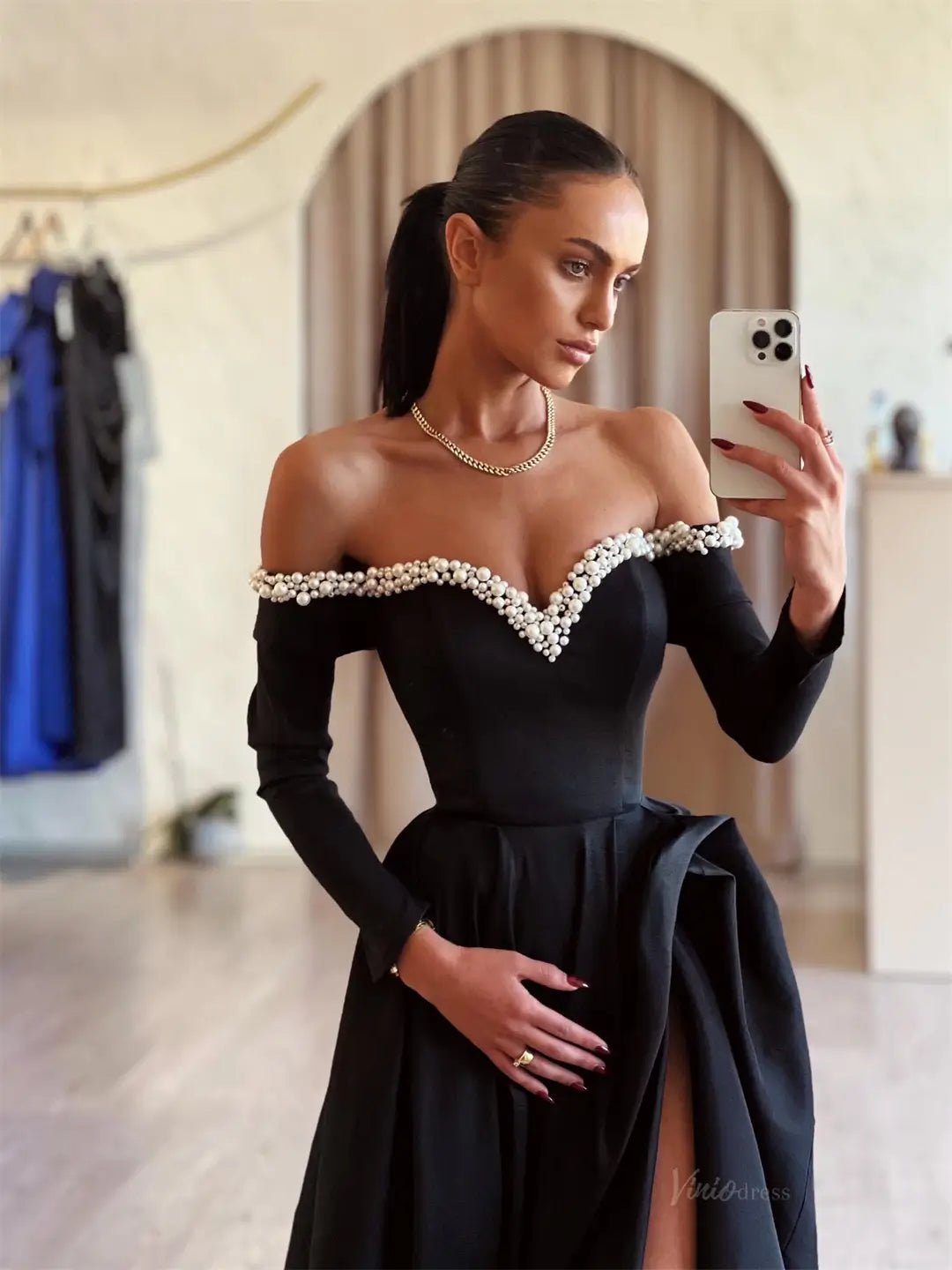 Black Satin Prom Dresses 2025 Off the Shoulder Long Sleeve Formal Gown with High Slit FD5252-prom dresses 2025 -Viniodress-Black-Custom Size-