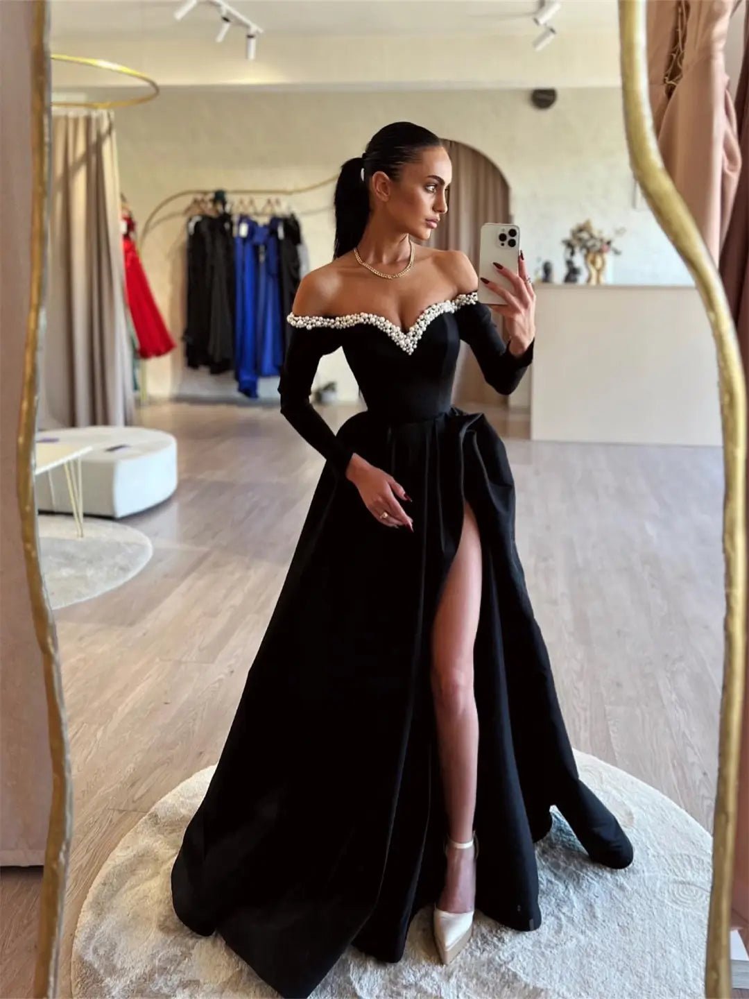 Black Satin Prom Dresses 2025 Off the Shoulder Long Sleeve Formal Gown with High Slit FD5252-prom dresses 2025 -Viniodress-Black-Custom Size-