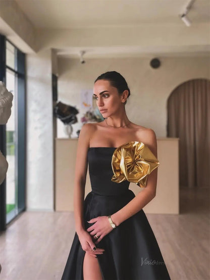 Black Satin Prom Dresses 2025 Strapless 3D Flower Formal Gown with High Slit FD5248-prom dresses 2025 -Viniodress-Black-Custom Size-