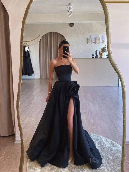 Black Satin Prom Dresses 2025 Strapless Formal Dress with High Slit & 3D Flower FD5239-prom dresses 2025 -Viniodress-Black-Custom Size-