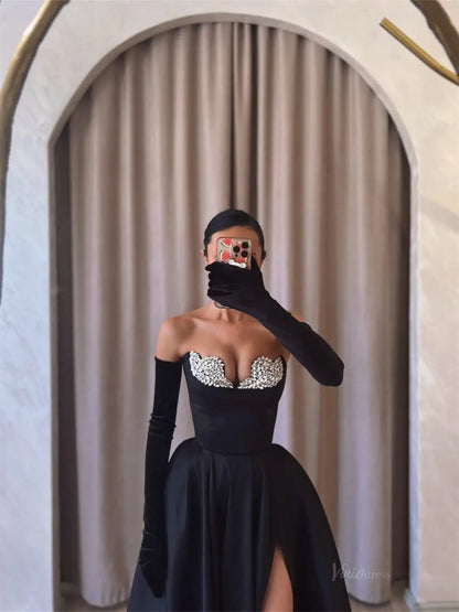 Black Satin Prom Dresses 2025 Strapless Formal Dress with High Slit & Glove FD5237-prom dresses 2025 -Viniodress-Black-Custom Size-