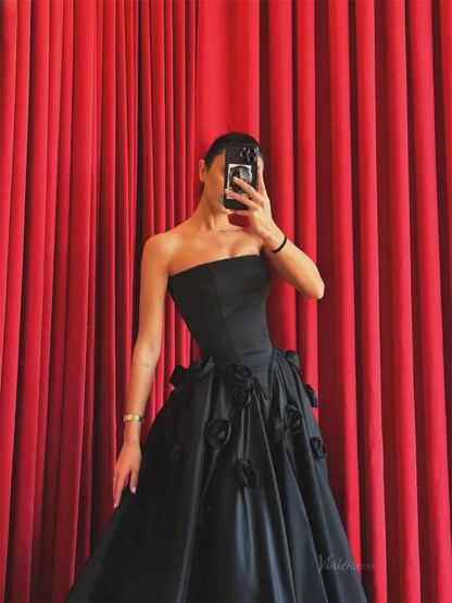 Black Satin Prom Dresses 2025 Strapless Formal Gown with 3D Flower FD5234-prom dresses 2025 -Viniodress-Black-Custom Size-