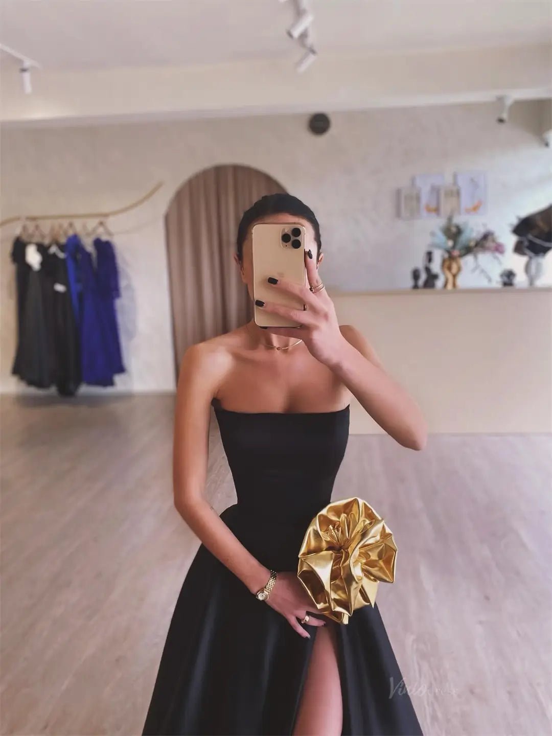 Black Satin Prom Dresses 2025 Strapless Formal Gown with High Slit FD5247-prom dresses 2025 -Viniodress-Black-Custom Size-