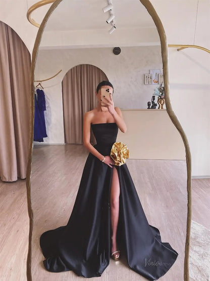 Black Satin Prom Dresses 2025 Strapless Formal Gown with High Slit FD5247-prom dresses 2025 -Viniodress-Black-Custom Size-