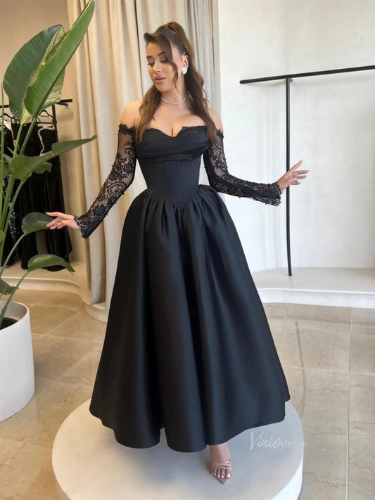 Black Satin Prom Dresses Off the Shoulder Lace Long Sleeve Maxi Dress - FD5266-prom dresses 2025 -Viniodress-Black-Custom Size-