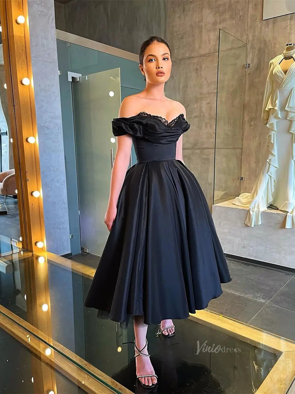 Black Satin Prom Dresses Off the Shoulder Sweetheart Neckline Maxi Dress - FD5274-prom dresses 2025 -Viniodress-Black-Custom Size-