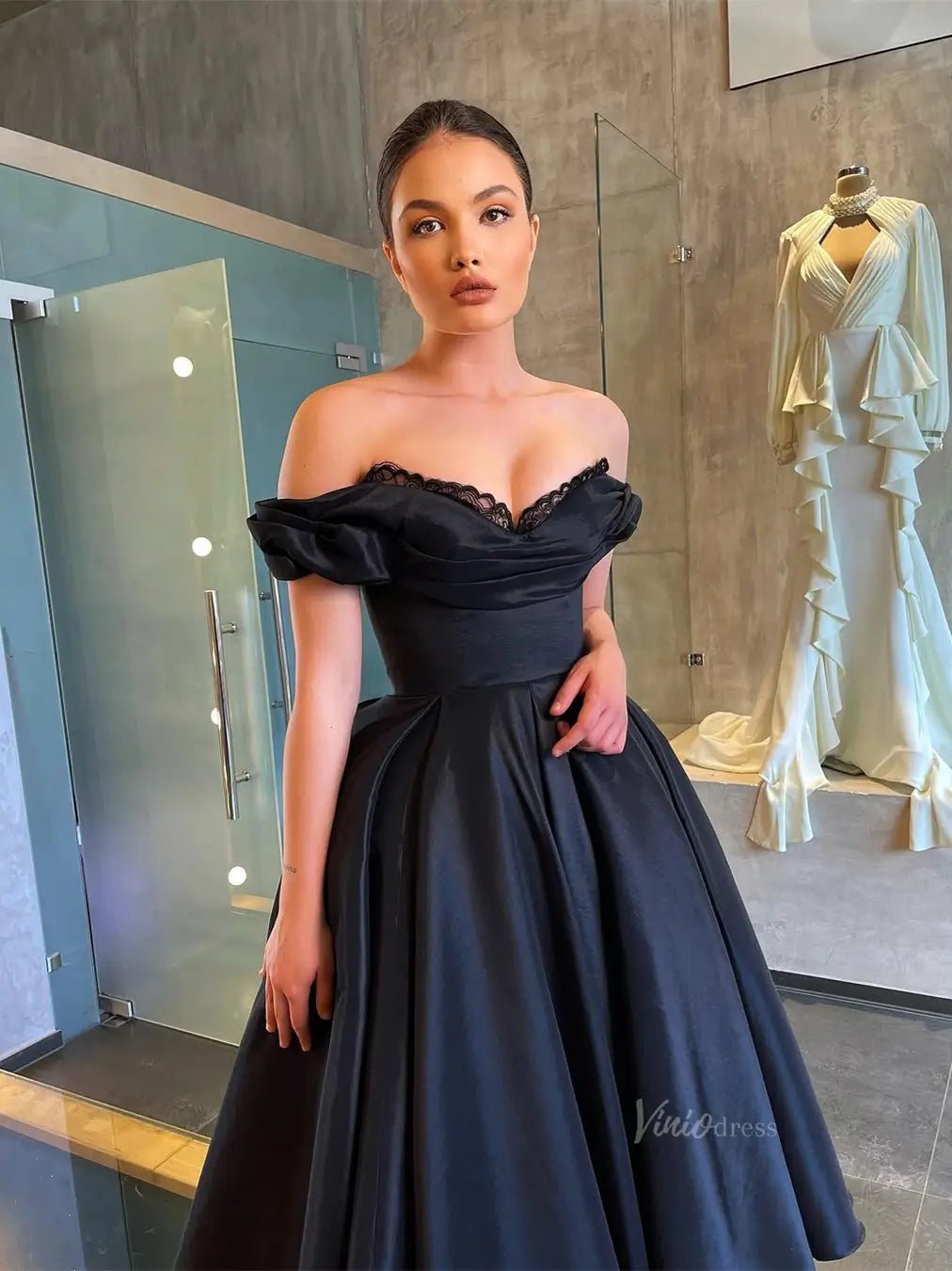 Black Satin Prom Dresses Off the Shoulder Sweetheart Neckline Maxi Dress - FD5274-prom dresses 2025 -Viniodress-Black-Custom Size-