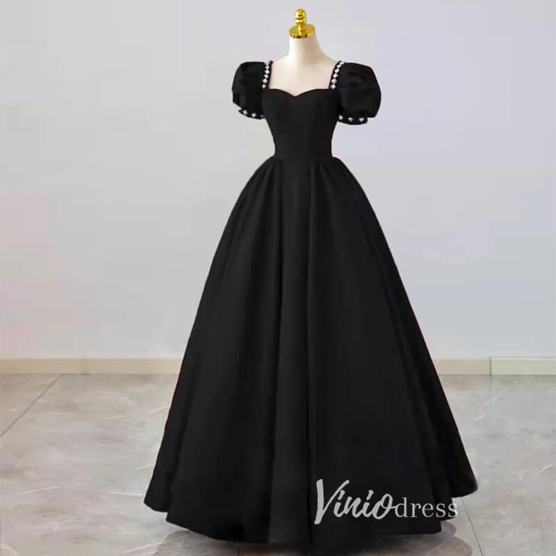 Black Satin Prom Dresses Puffed Sleeve Formal Gown FD3244-prom dresses 2025 -Viniodress-Black-Custom Size-