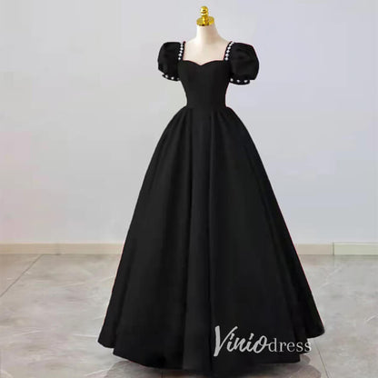 Black Satin Prom Dresses Puffed Sleeve Formal Gown FD3244-prom dresses 2025 -Viniodress-Black-Custom Size-