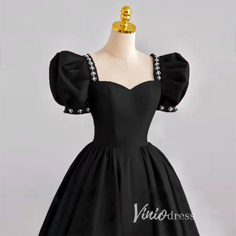 Black Satin Prom Dresses Puffed Sleeve Formal Gown FD3244-prom dresses 2025 -Viniodress-Black-Custom Size-