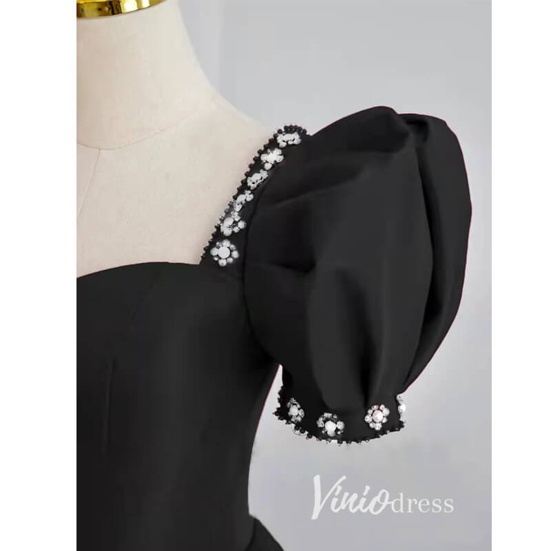 Black Satin Prom Dresses Puffed Sleeve Formal Gown FD3244-prom dresses 2025 -Viniodress-Black-Custom Size-