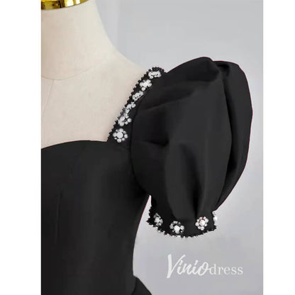 Black Satin Prom Dresses Puffed Sleeve Formal Gown FD3244-prom dresses 2025 -Viniodress-Black-Custom Size-