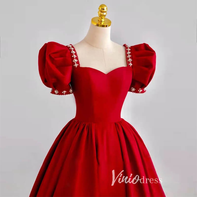 Black Satin Prom Dresses Puffed Sleeve Formal Gown FD3244-prom dresses 2025 -Viniodress-Red-Custom Size-