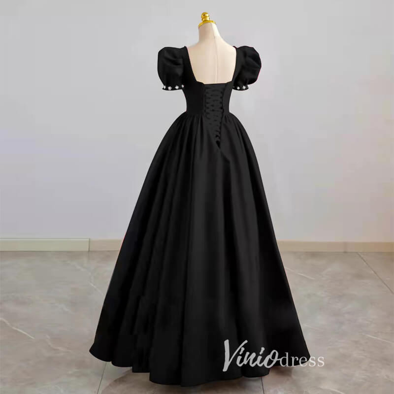 Prom Dress 2025 Black Satin Prom Dresses Puffed Sleeve Formal Gown FD3244-unique prom dresses-Black-Custom Size-Viniodress