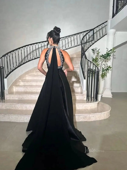 Black Satin Prom Dresses with Beaded Halter Neck & Chapel Train - FD5262-prom dresses 2025 -Viniodress-Black-Custom Size-