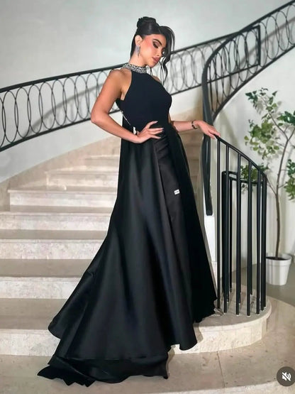 Black Satin Prom Dresses with Beaded Halter Neck & Chapel Train - FD5262-prom dresses 2025 -Viniodress-Black-Custom Size-