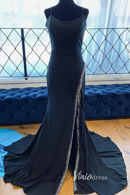 Black Satin Prom Dresses with Slit Mermaid Spaghetti Strap Formal Gown FD3289-prom dresses 2025 -Viniodress-Black-Custom Size-