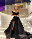 Black Satin Prom Dresses with Slit, Off the Shoulder Evening Gown FD3634