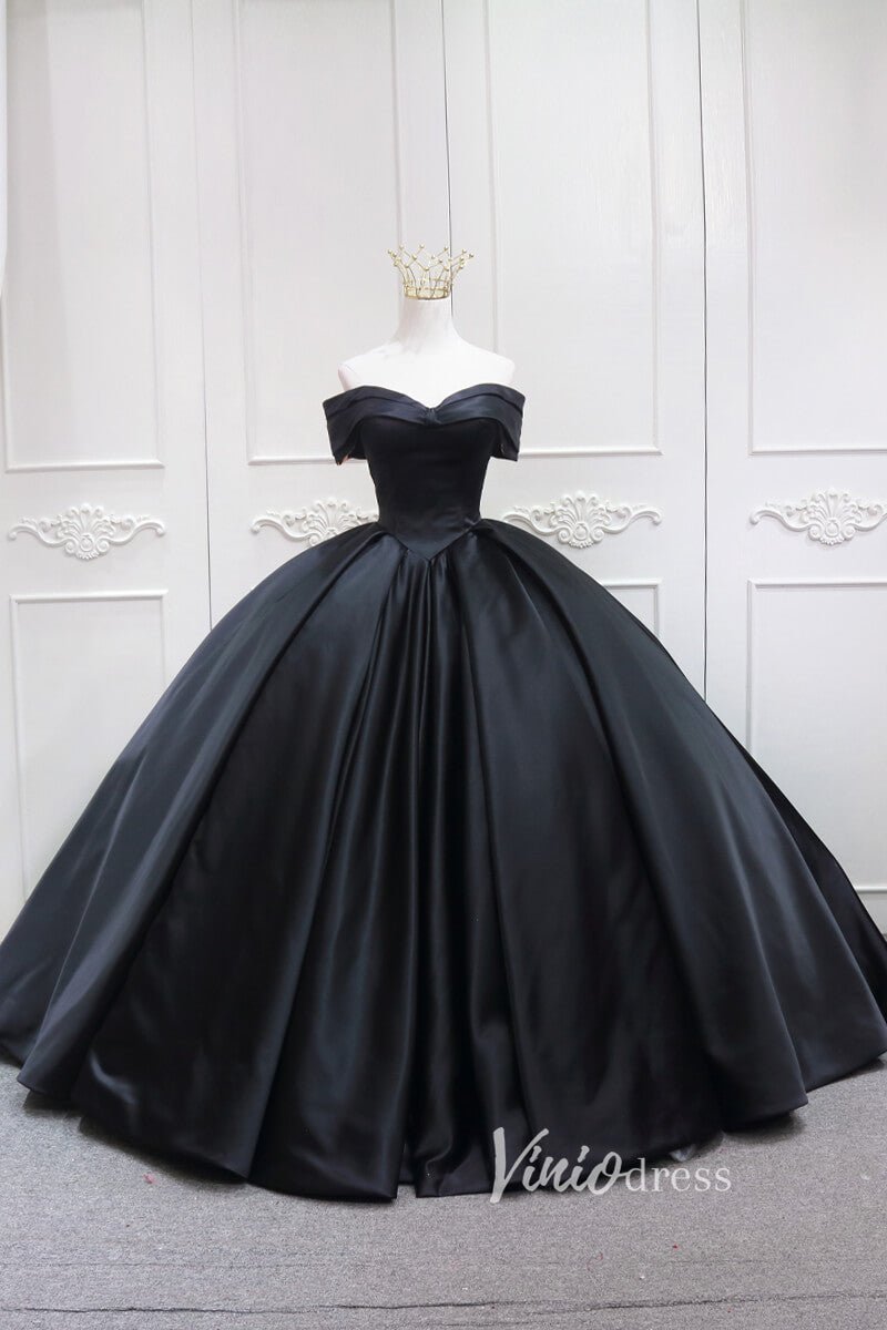15 dresses black Black Satin Quinceanera Dresses Off the Shoulder Prom Ball Gown FD3457 – Viniodress