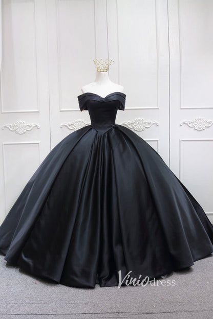 Black Satin Quinceanera Dresses Off the Shoulder Prom Ball Gown FD3457-prom dresses 2025 -Viniodress-Black-Custom Size-