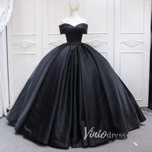 Black Satin Quinceanera Dresses Off the Shoulder Prom Ball Gown FD3457-prom dresses 2025 -Viniodress-Black-Custom Size-