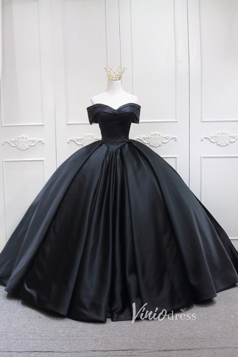 Prom Dress 2025 Black Satin Quinceanera Dresses Off the Shoulder Prom Ball Gown FD3457-unique prom dresses-Black-Custom Size-Viniodress