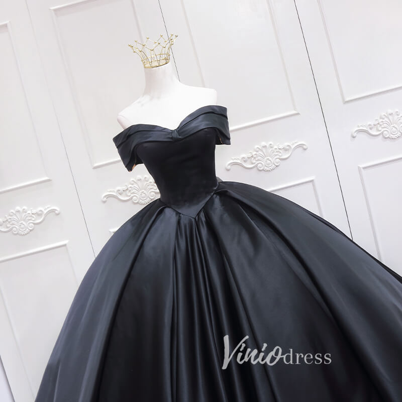 Prom Dress 2025 Black Satin Quinceanera Dresses Off the Shoulder Prom Ball Gown FD3457-unique prom dresses-Black-Custom Size-Viniodress