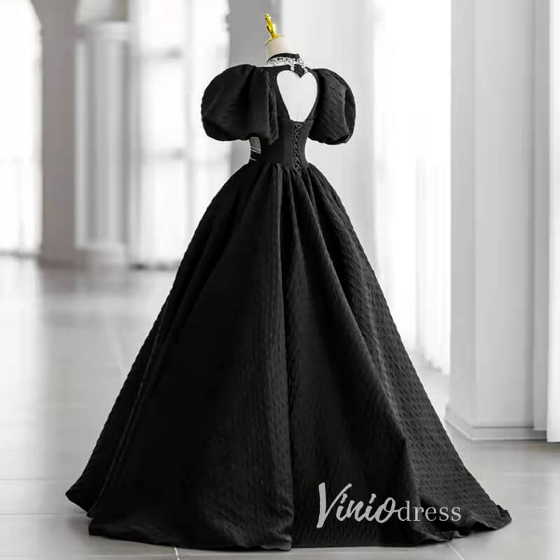 Black Satin Quinceanera Dresses Puffed Sleeve Prom Ball Gown FD3243-prom dresses 2025 -Viniodress-Black-Custom Size-