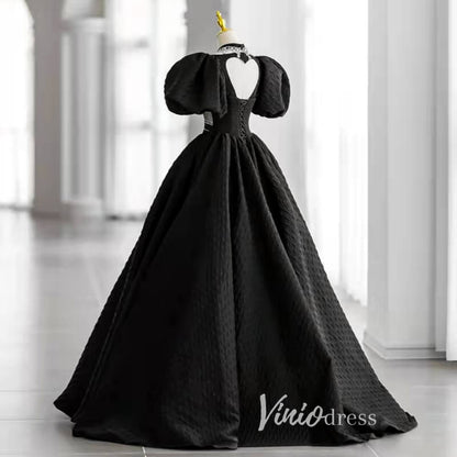 Black Satin Quinceanera Dresses Puffed Sleeve Prom Ball Gown FD3243-prom dresses 2025 -Viniodress-Black-Custom Size-