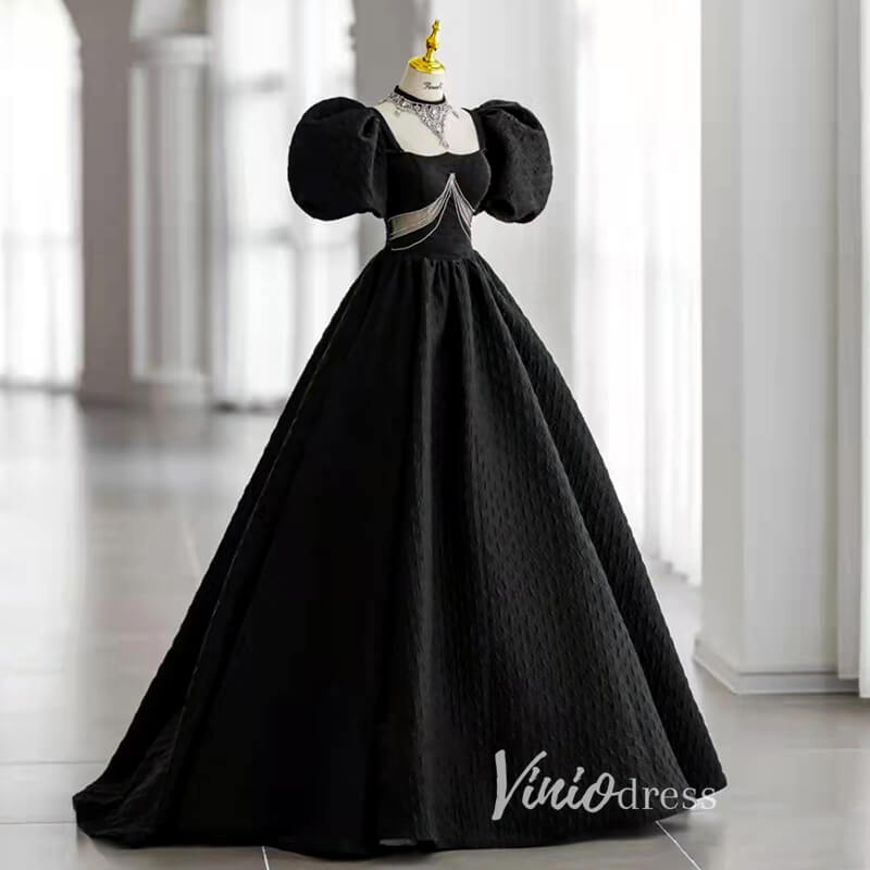 Black Satin Quinceanera Dresses Puffed Sleeve Prom Ball Gown FD3243-prom dresses 2025 -Viniodress-Black-Custom Size-