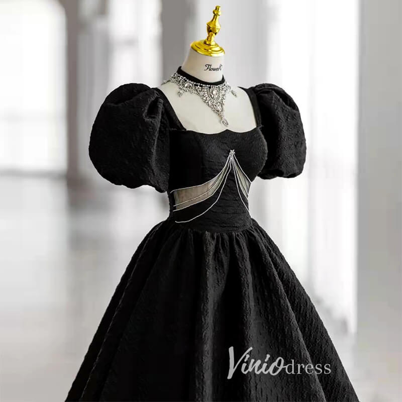 Black Satin Quinceanera Dresses Puffed Sleeve Prom Ball Gown FD3243-prom dresses 2025 -Viniodress-Black-Custom Size-