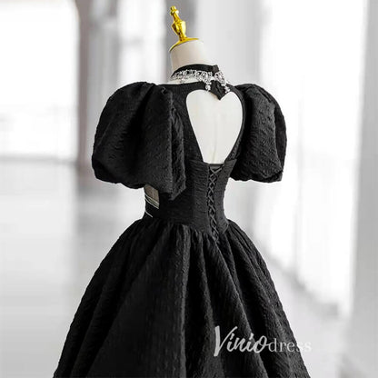 Black Satin Quinceanera Dresses Puffed Sleeve Prom Ball Gown FD3243-prom dresses 2025 -Viniodress-Black-Custom Size-