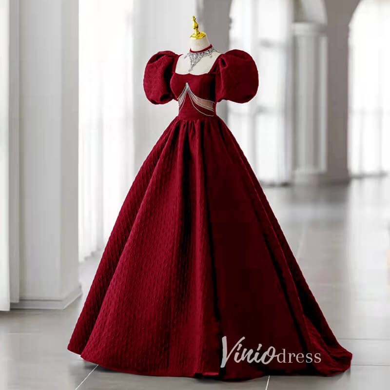 Black Satin Quinceanera Dresses Puffed Sleeve Prom Ball Gown FD3243-prom dresses 2025 -Viniodress-Burgundy-Custom Size-