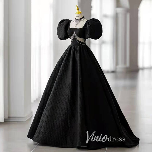 Black Satin Quinceanera Dresses Puffed Sleeve Prom Ball Gown FD3243-prom dresses 2025 -Viniodress-Black-Custom Size-