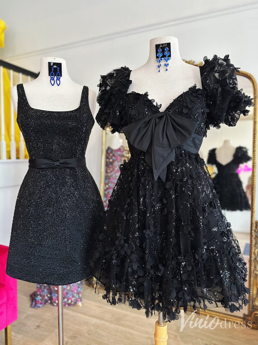 Black Sequin Appliqué Homecoming Dress with Puff Sleeves and Oversized Bow – SD1702-prom dresses 2025 -Viniodress-Black-Custom Size-
