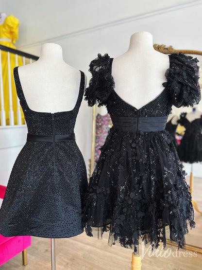 Black Sequin Appliqué Homecoming Dress with Puff Sleeves and Oversized Bow – SD1702-prom dresses 2025 -Viniodress-Black-Custom Size-