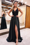 Prom Dress 2025 Black Sequin Bodice Satin Bottom Prom Dress with Plunging V-Neck, High Slit, and Pockets FD3461-unique prom dresses-Black-Custom Size-Viniodress